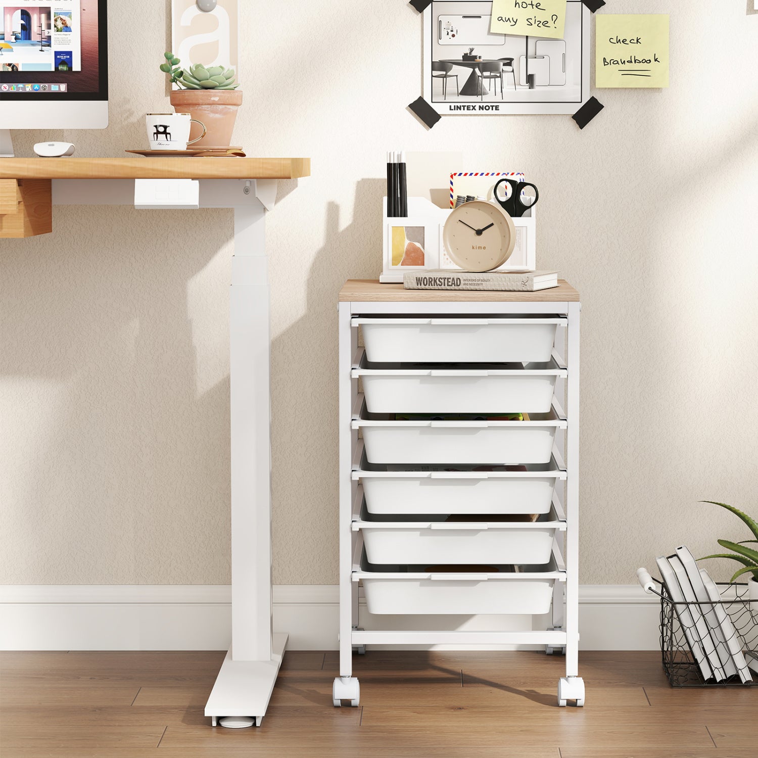 6-Drawer Rolling Storage Cart with Wooden Tabletop, White File Cabinets at Gallery Canada
