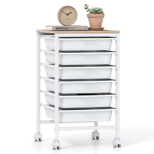 6-Drawer Rolling Storage Cart with Wooden Tabletop, White File Cabinets White at Gallery Canada