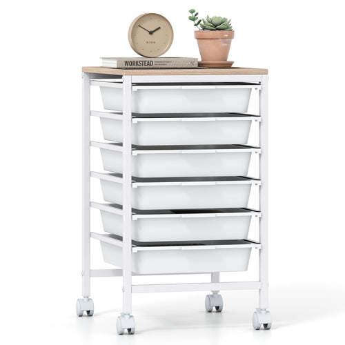 6-Drawer Rolling Storage Cart with Wooden Tabletop, White