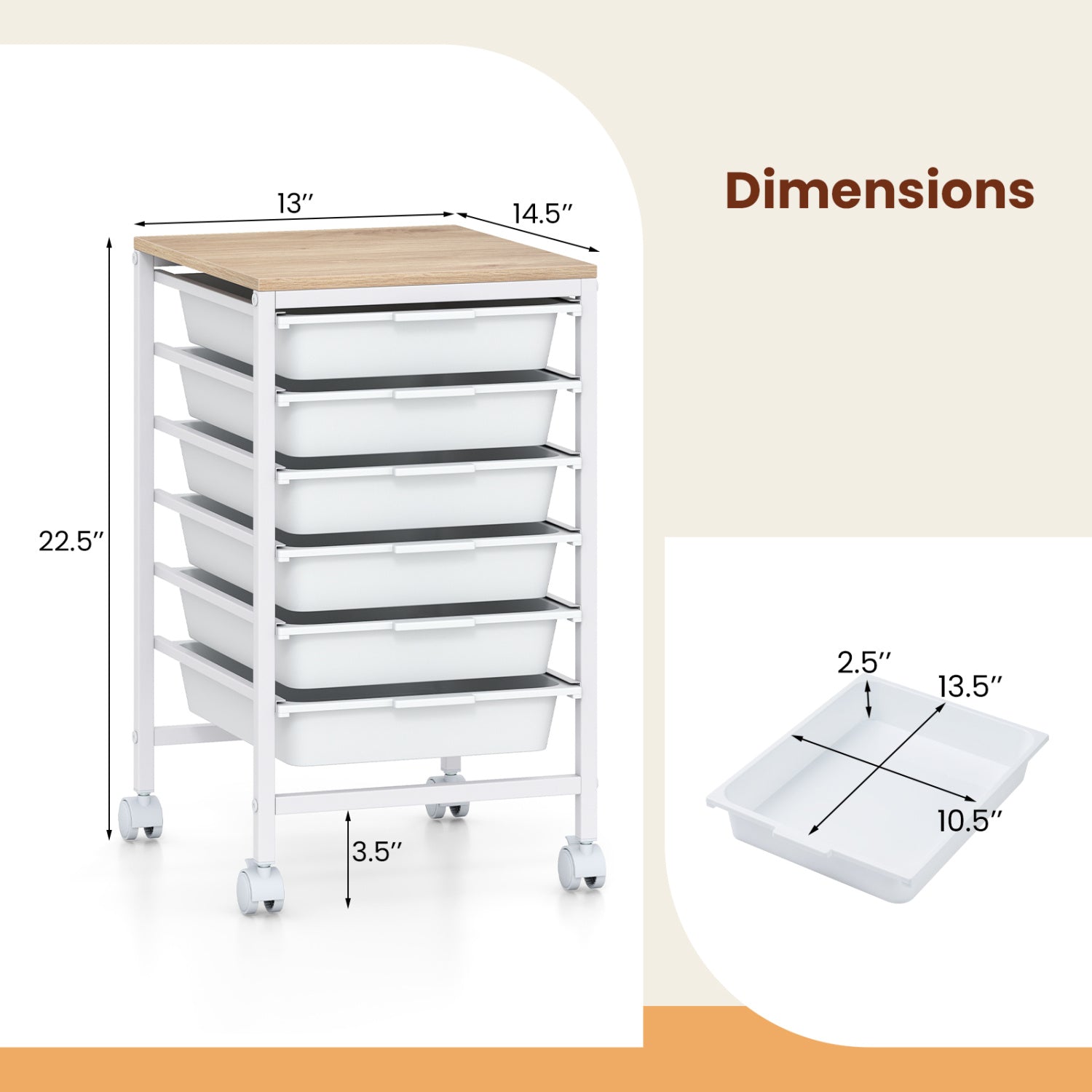 6-Drawer Rolling Storage Cart with Wooden Tabletop, White File Cabinets at Gallery Canada