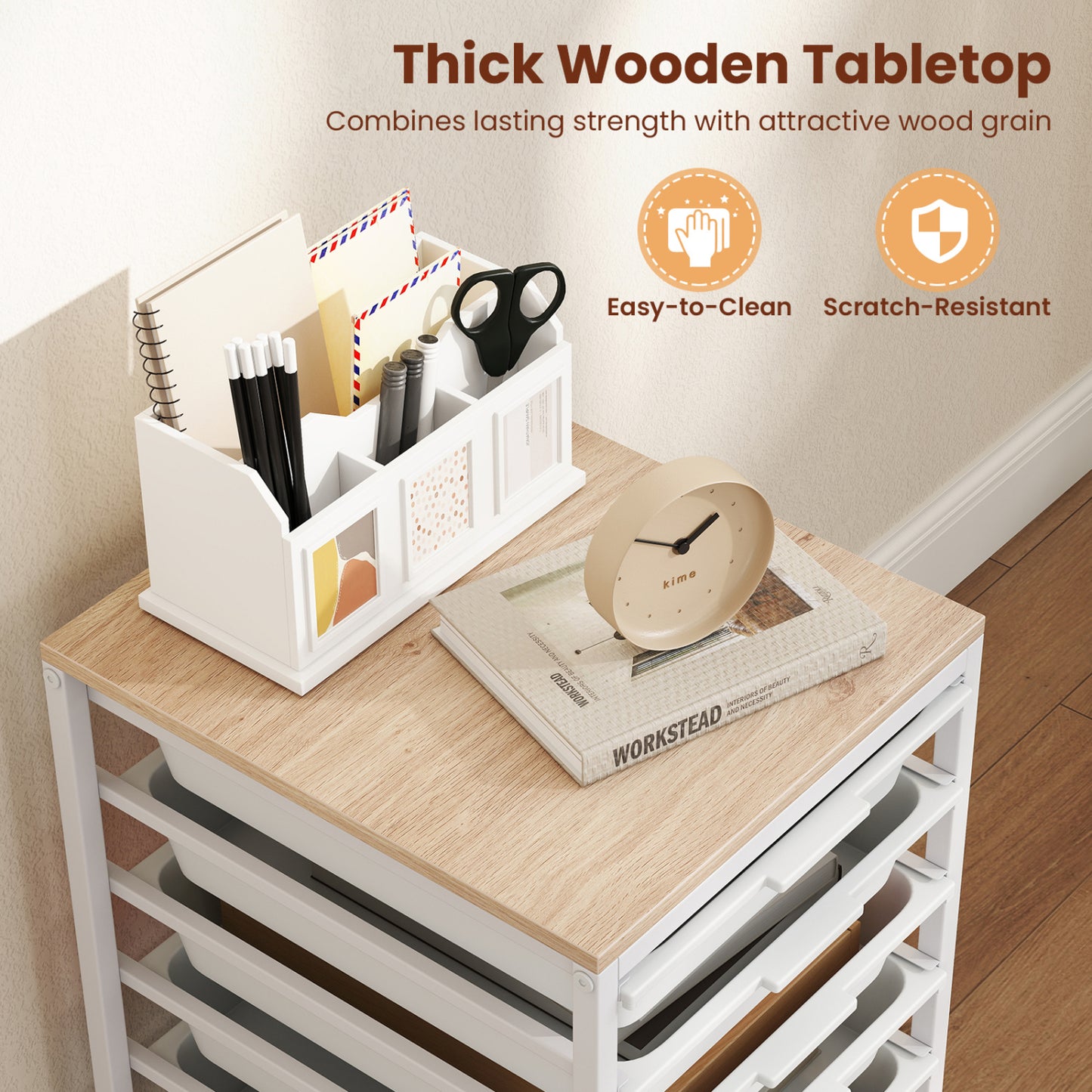 6-Drawer Rolling Storage Cart with Wooden Tabletop, White File Cabinets at Gallery Canada