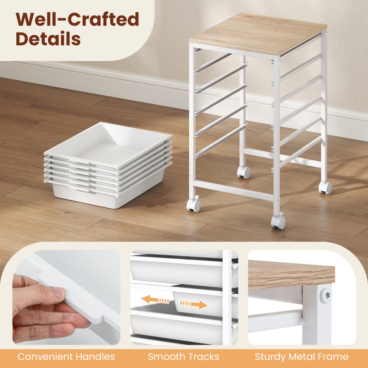 6-Drawer Rolling Storage Cart with Wooden Tabletop, White File Cabinets at Gallery Canada