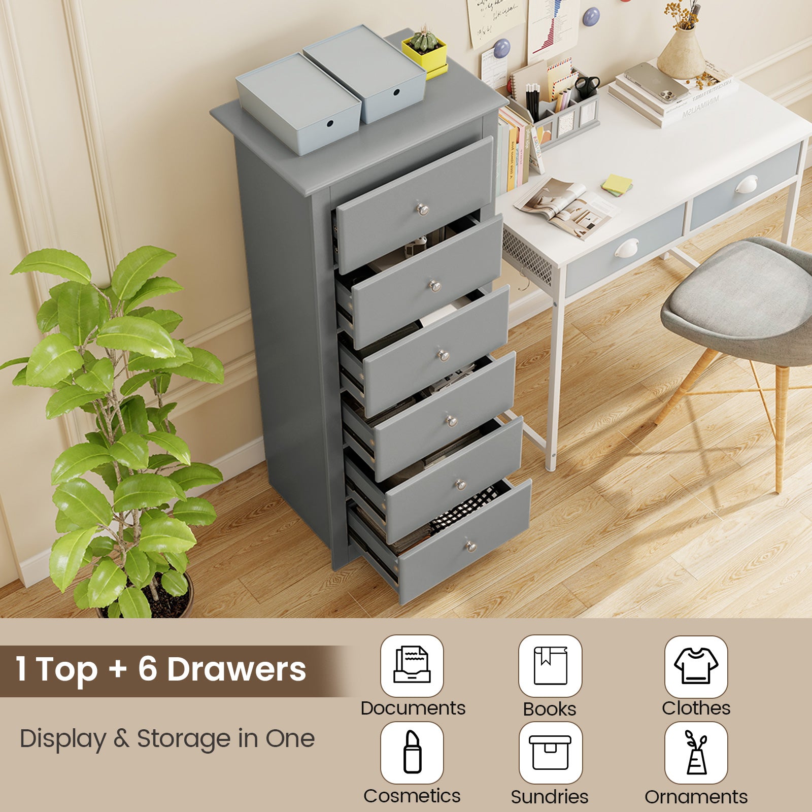 6 Drawers Chest Dresser Clothes Storage Bedroom Furniture Cabinet, Gray Dressers & Chests at Gallery Canada