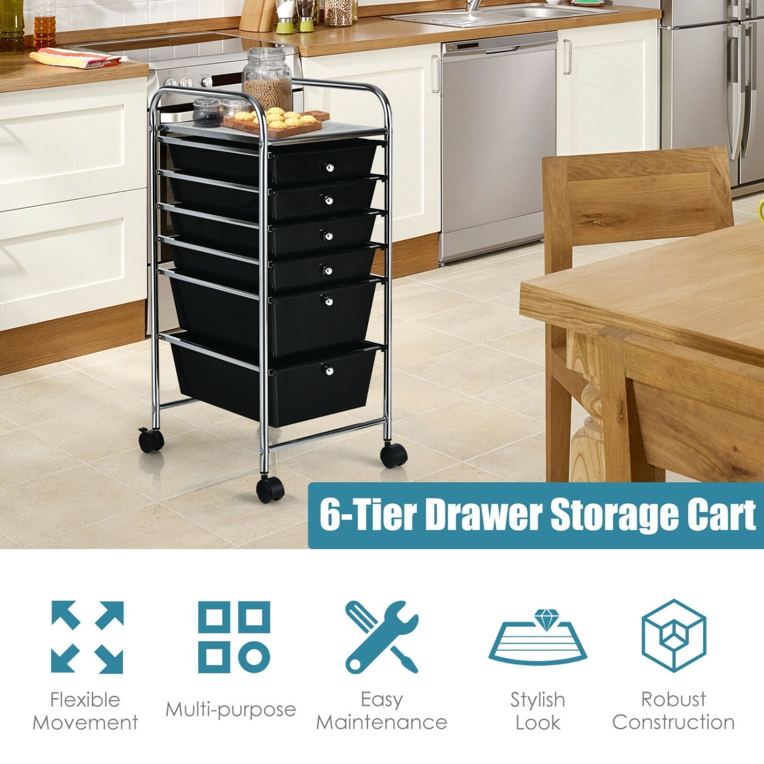 6 Drawer Rolling Storage Cart Organizer, Black File Cabinets at Gallery Canada