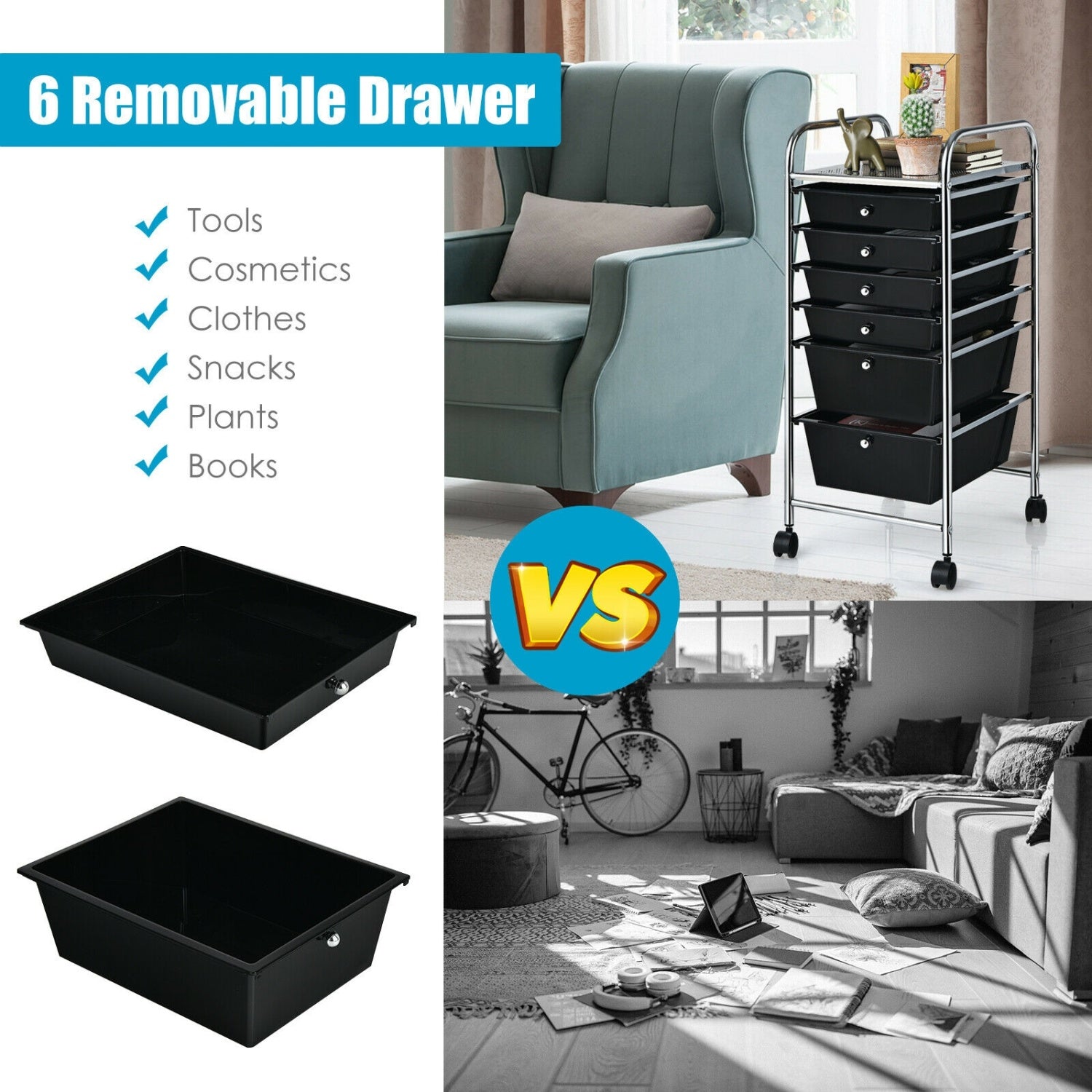 6 Drawer Rolling Storage Cart Organizer, Black File Cabinets at Gallery Canada