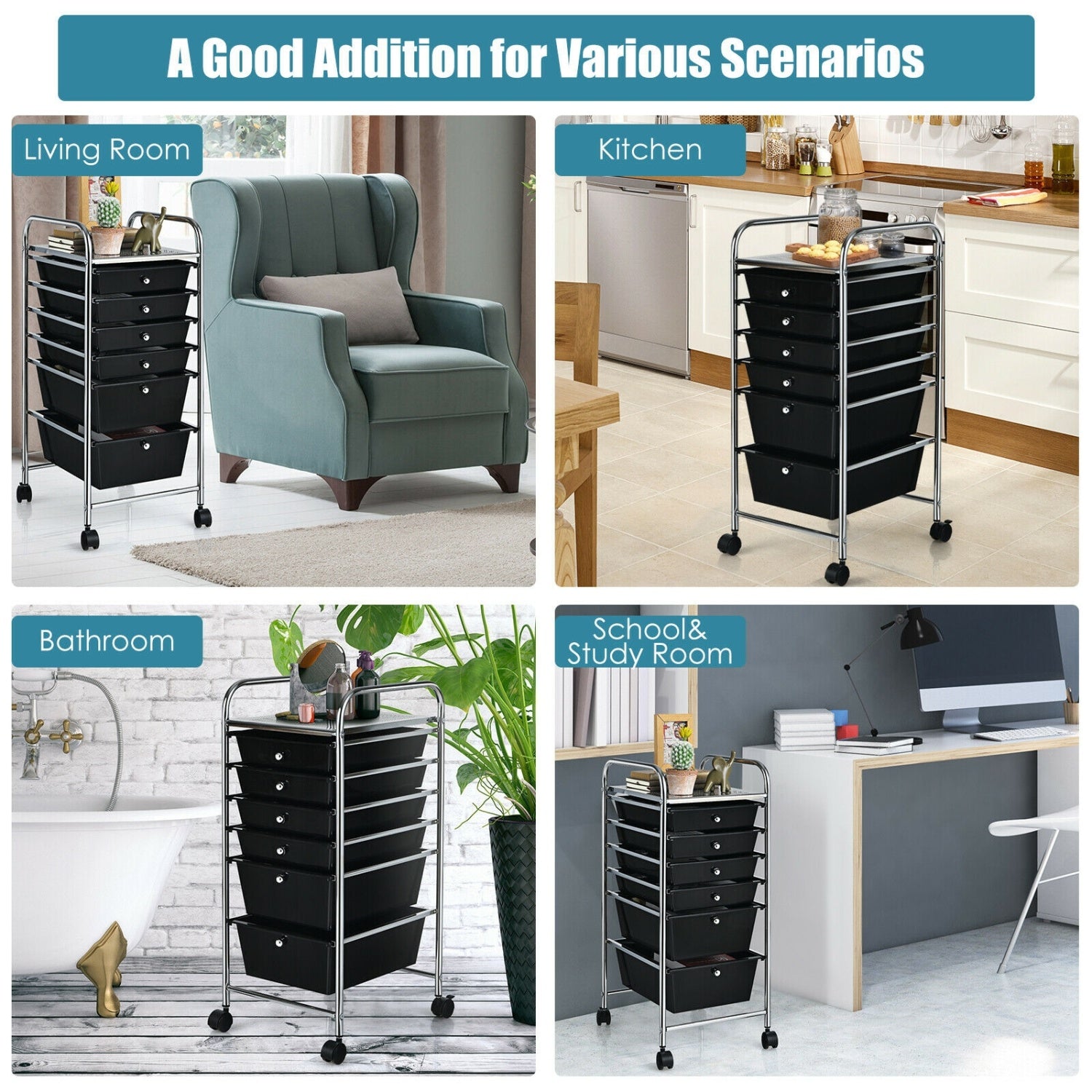 6 Drawer Rolling Storage Cart Organizer, Black File Cabinets at Gallery Canada