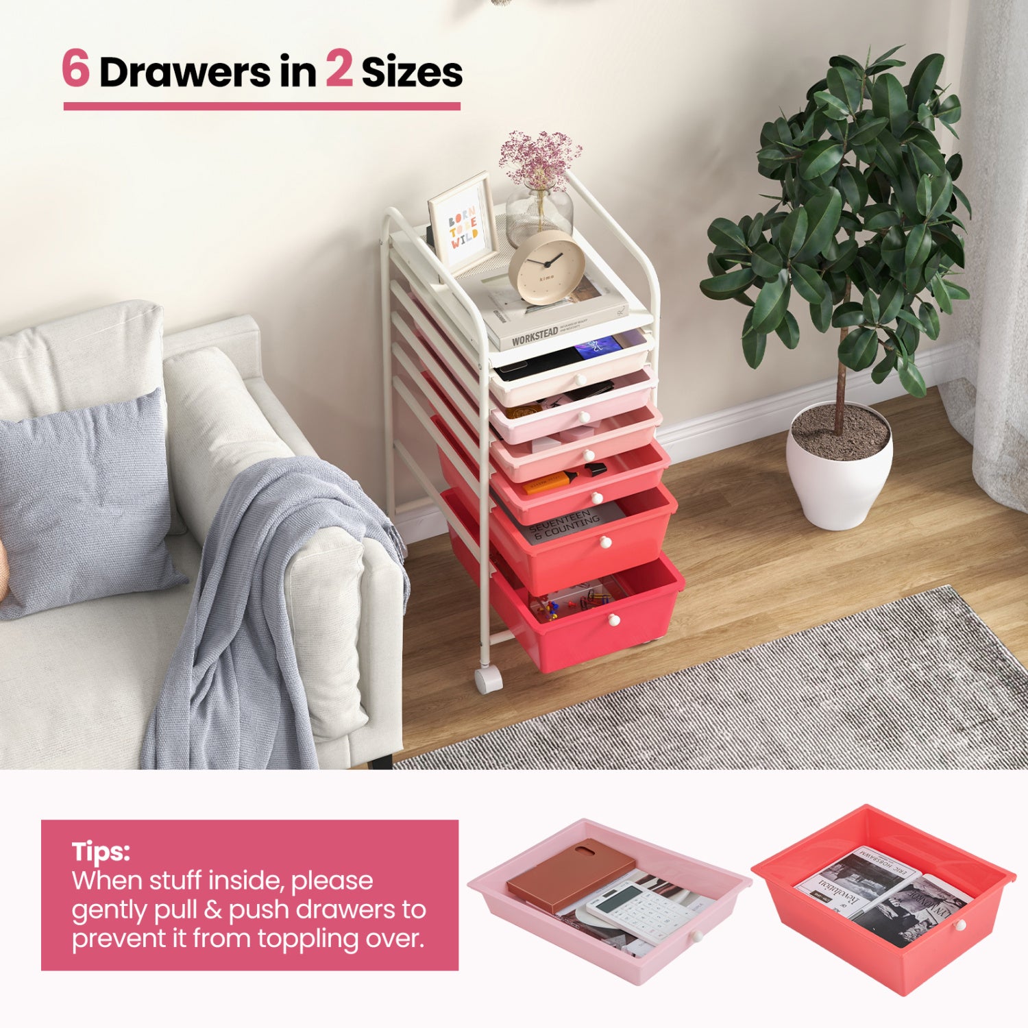 6 Drawers Rolling Storage Cart Organizer, Pink File Cabinets at Gallery Canada
