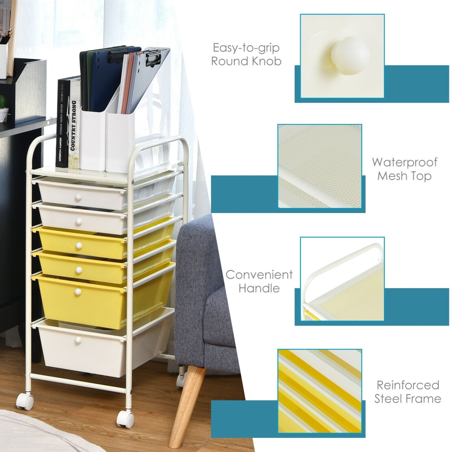 6 Drawer Rolling Storage Cart Organizer, Yellow File Cabinets at Gallery Canada