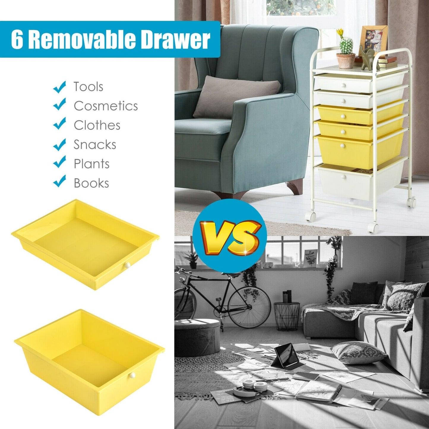 6 Drawer Rolling Storage Cart Organizer, Yellow File Cabinets at Gallery Canada