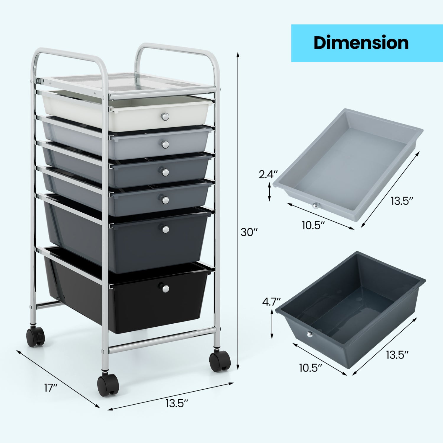6 Drawers Rolling Storage Cart Organizer, Gray, Black File Cabinets at Gallery Canada