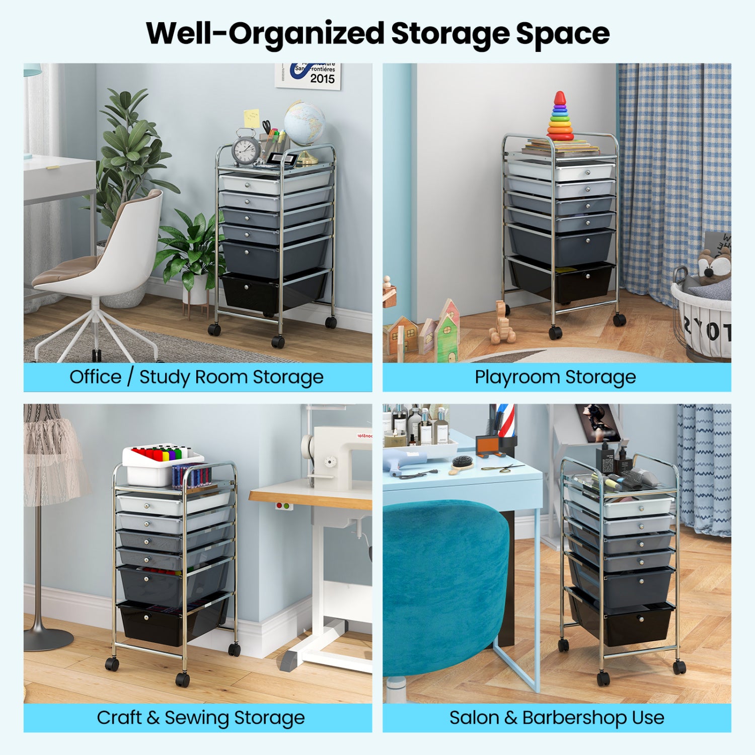 6 Drawers Rolling Storage Cart Organizer, Gray, Black File Cabinets at Gallery Canada