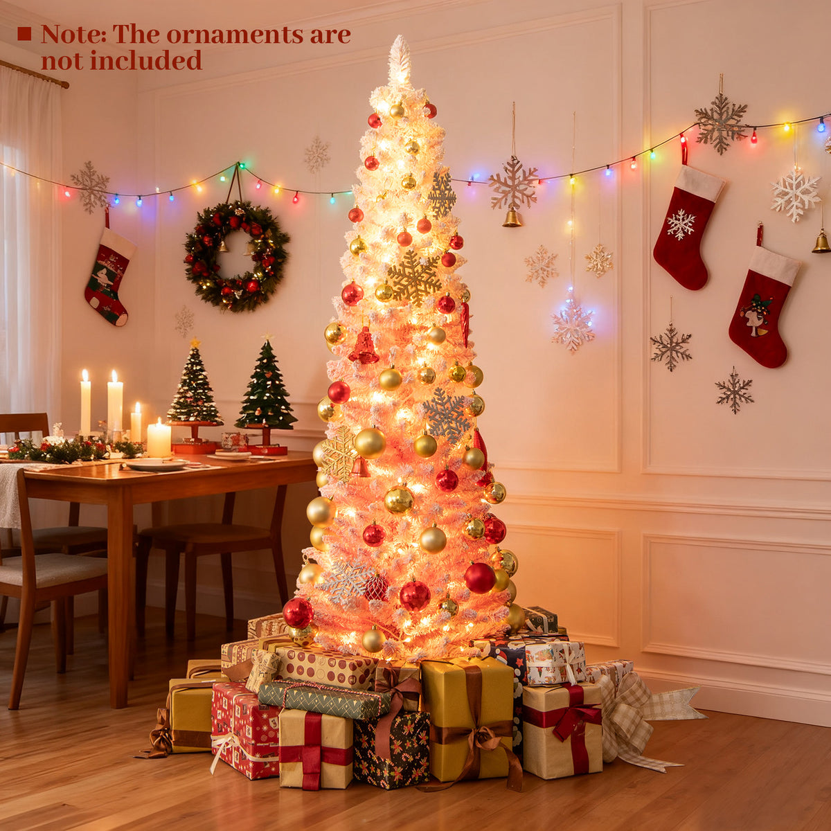 6 FT Snow-Flocked Artificial Christmas Tree, Pre-Lit Hinged, Pink Christmas Tree at Gallery Canada