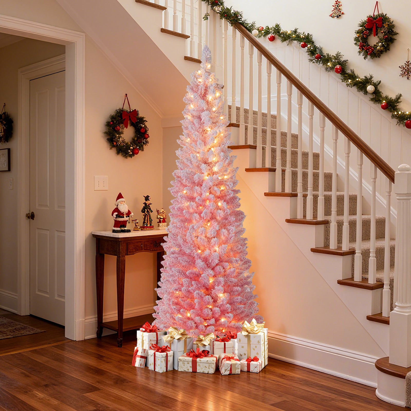 6 FT Snow-Flocked Artificial Christmas Tree, Pre-Lit Hinged, Pink Christmas Tree at Gallery Canada
