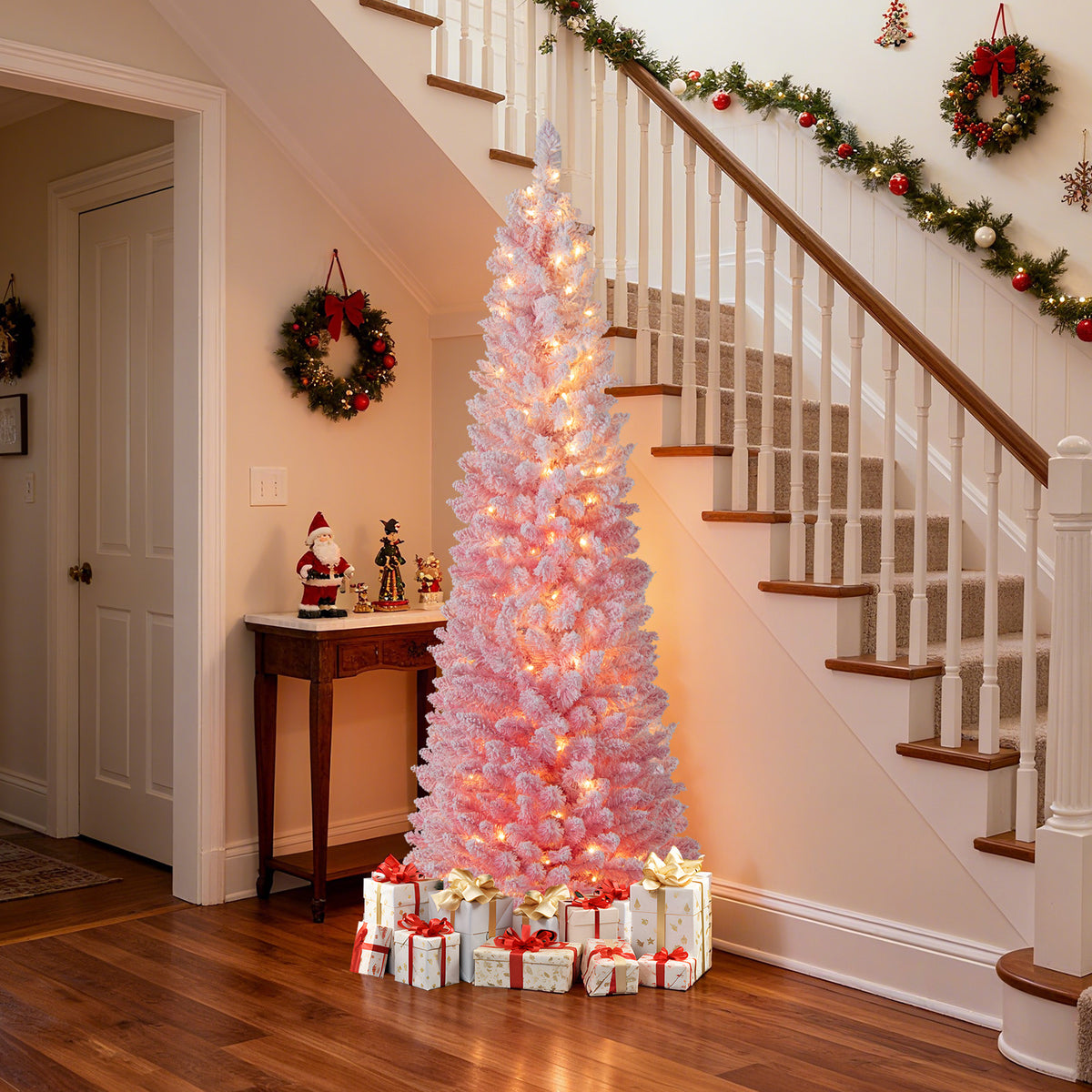 6 FT Snow-Flocked Artificial Christmas Tree, Pre-Lit Hinged, Pink Christmas Tree at Gallery Canada