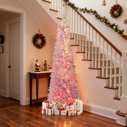 6 FT Snow-Flocked Artificial Christmas Tree, Pre-Lit Hinged, Pink Christmas Tree at Gallery Canada
