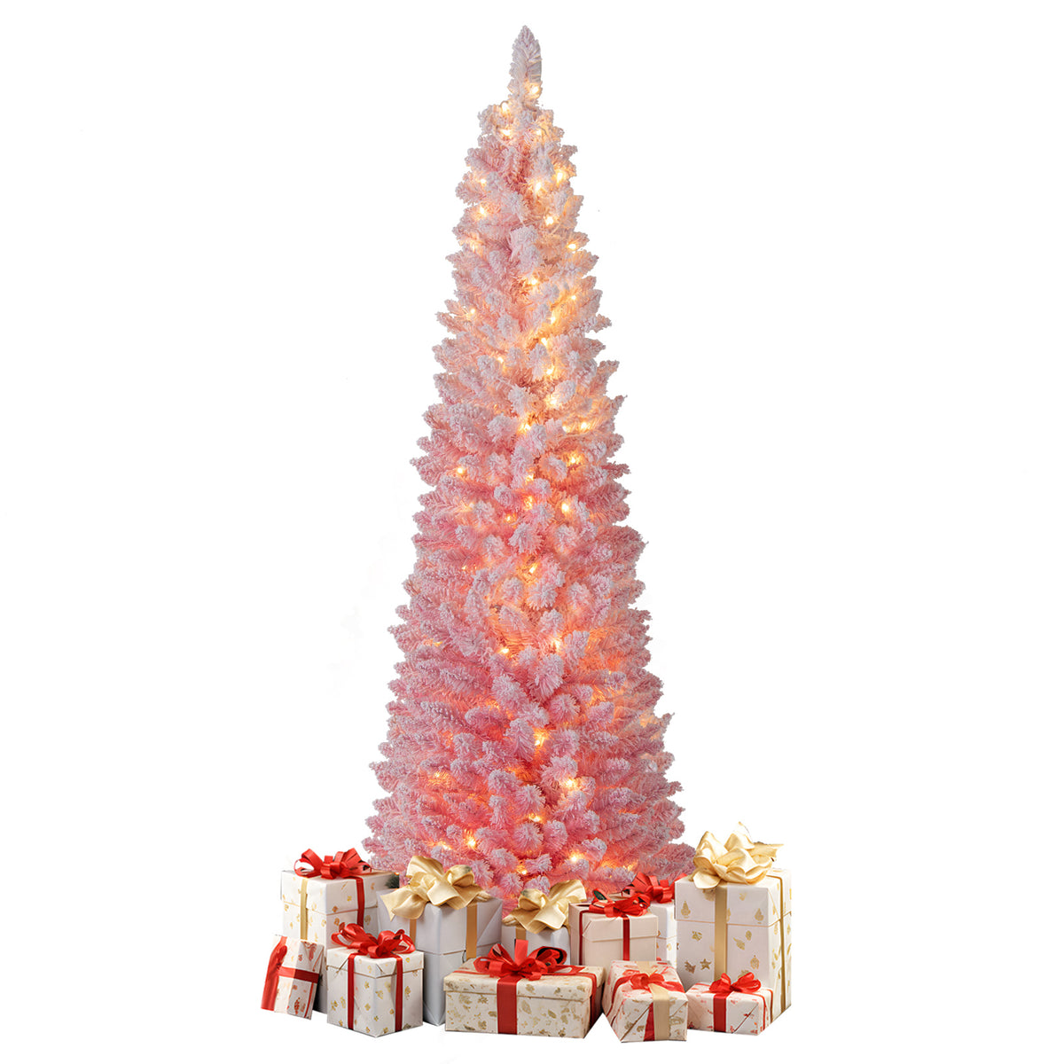 6 FT Snow-Flocked Artificial Christmas Tree, Pre-Lit Hinged, Pink Christmas Tree at Gallery Canada