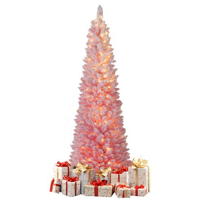 6 FT Snow-Flocked Artificial Christmas Tree, Pre-Lit Hinged, Pink Christmas Tree at Gallery Canada