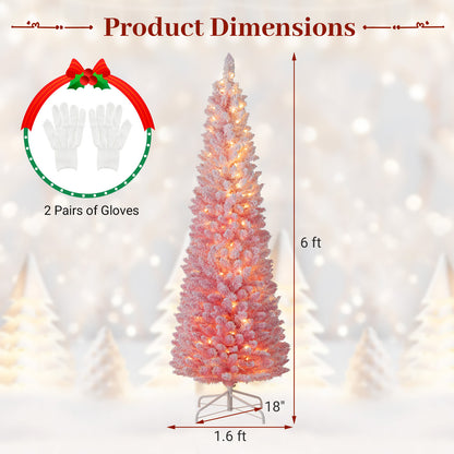 6 FT Snow-Flocked Artificial Christmas Tree, Pre-Lit Hinged, Pink Christmas Tree at Gallery Canada