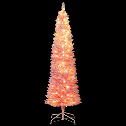 6 FT Snow-Flocked Artificial Christmas Tree, Pre-Lit Hinged, Pink Christmas Tree at Gallery Canada