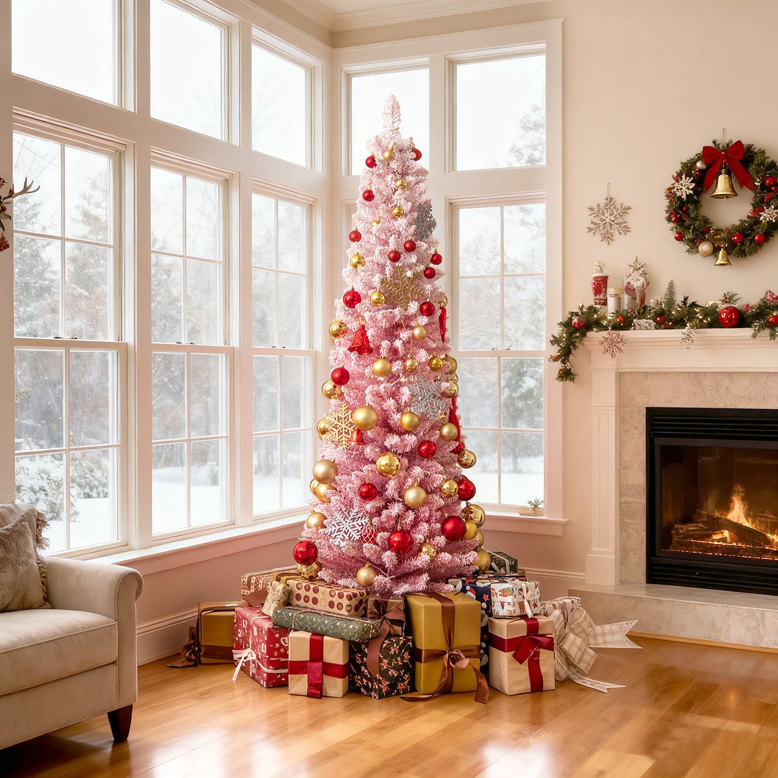 6 FT Snow-Flocked Artificial Christmas Tree, Pre-Lit Hinged, Pink Christmas Tree at Gallery Canada