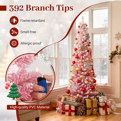 6 FT Snow-Flocked Artificial Christmas Tree, Pre-Lit Hinged, Pink Christmas Tree at Gallery Canada