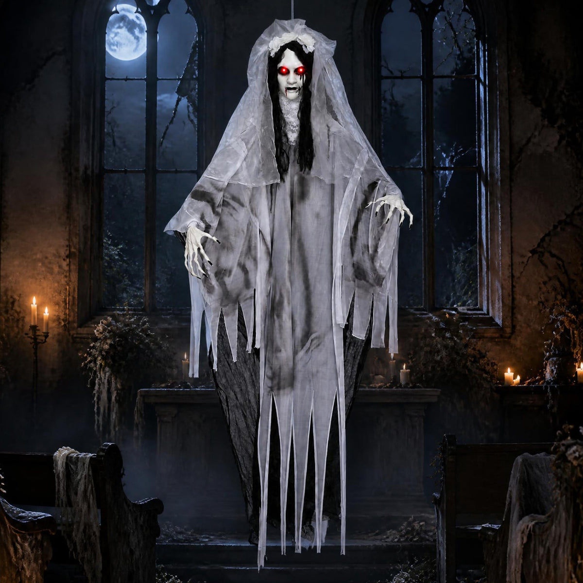 6 FT Ghost Bride Halloween Decoration with Creep Sound and Lighted Eyes