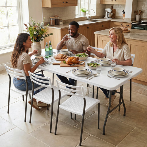 6 FT Plastic Fold-In-Half Camping Table, White