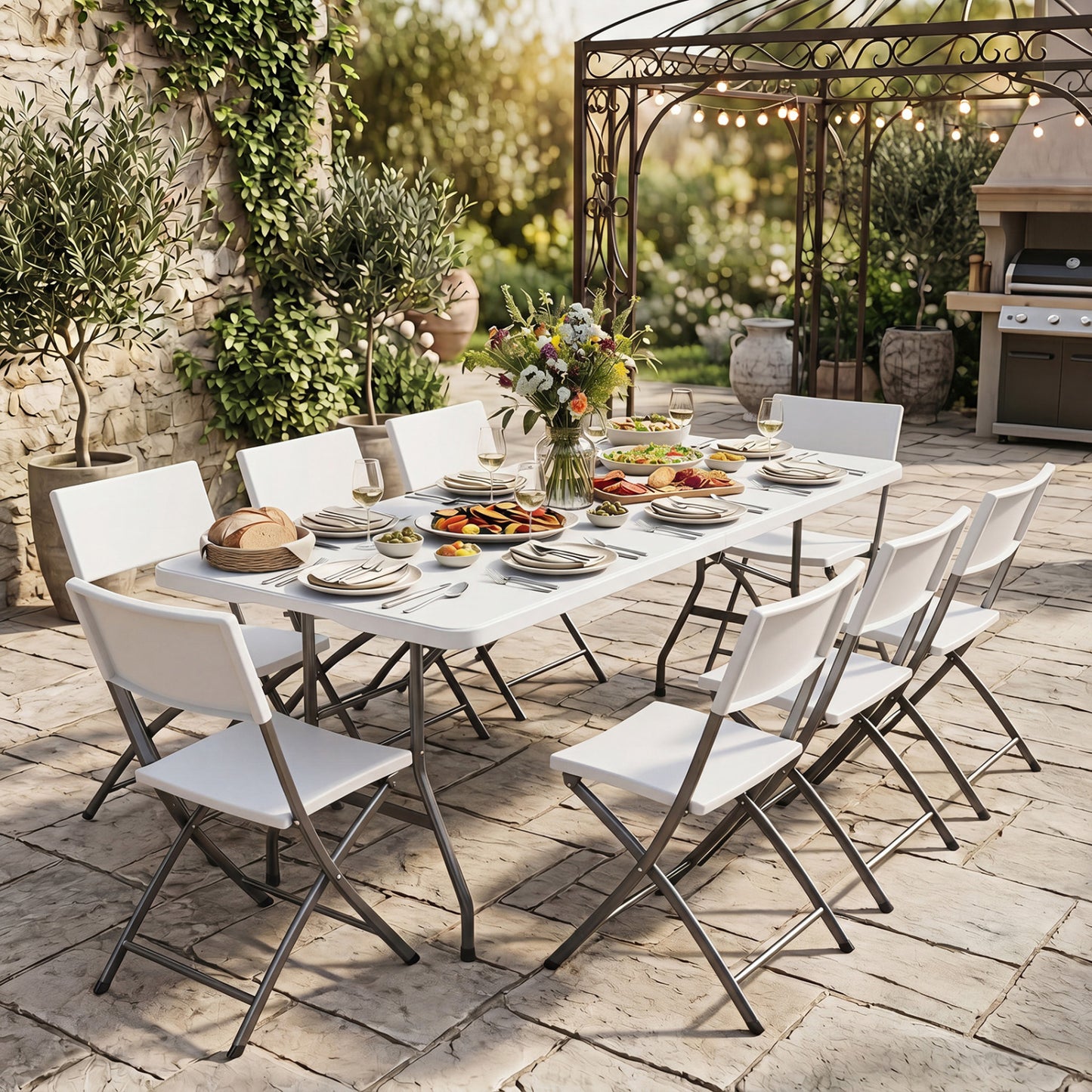 6 FT Plastic Fold-In-Half Camping Table, White