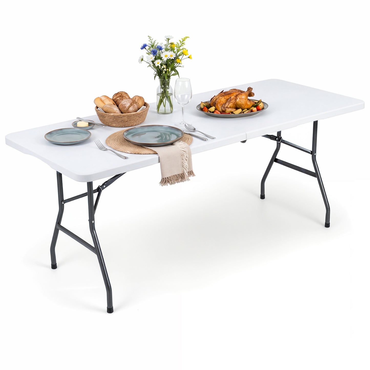 6 FT Plastic Fold-In-Half Camping Table, White