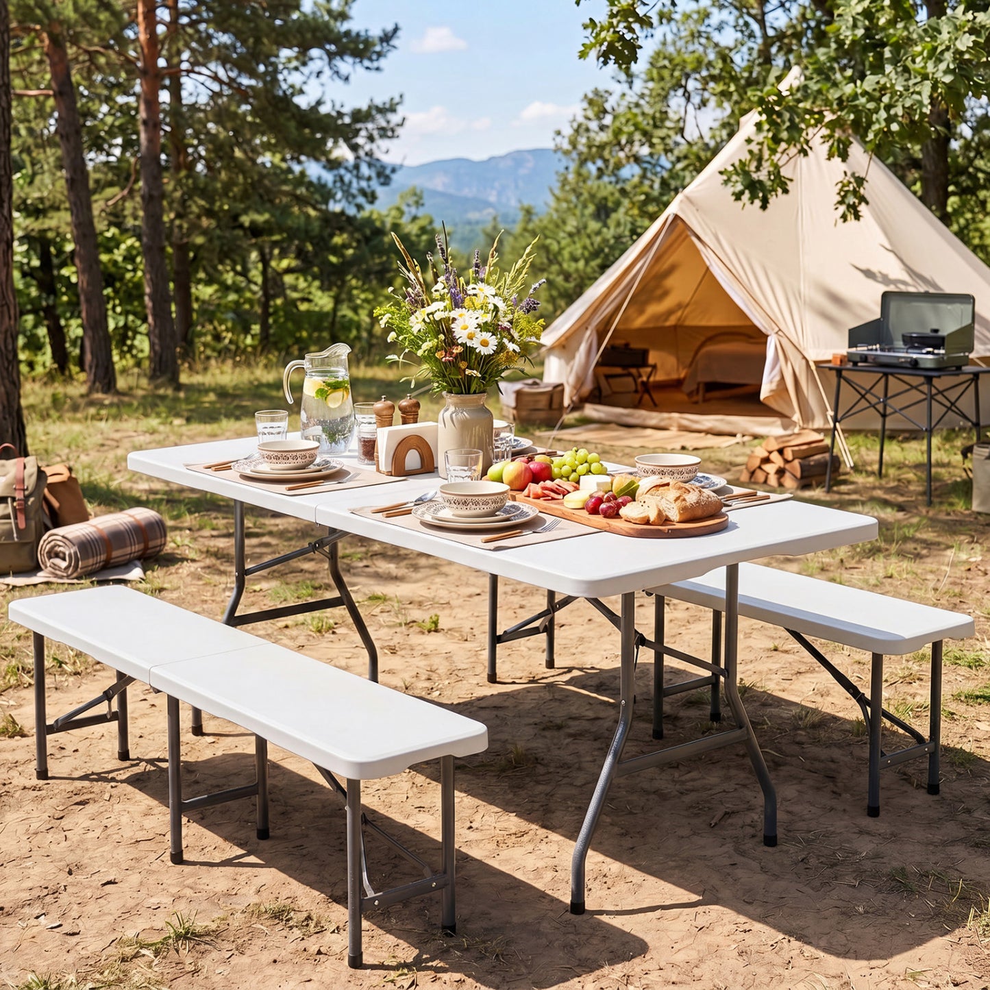6 FT Plastic Fold-In-Half Camping Table, White