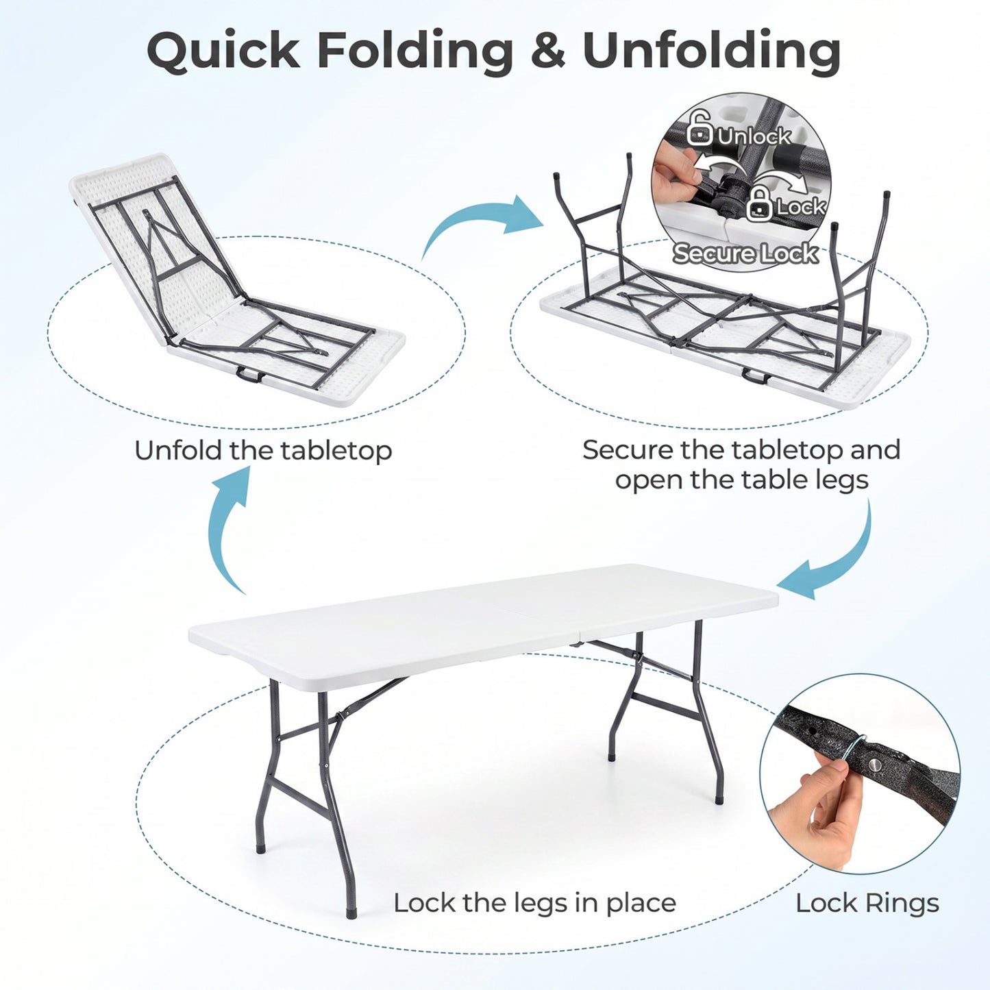 6 FT Plastic Fold-In-Half Camping Table, White