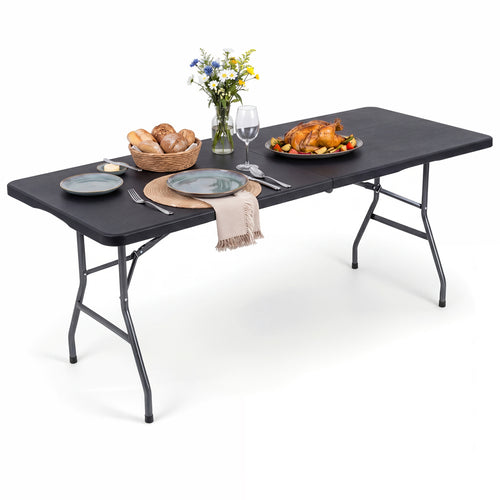 6 FT Plastic Fold-in-Half Camping Table, Black