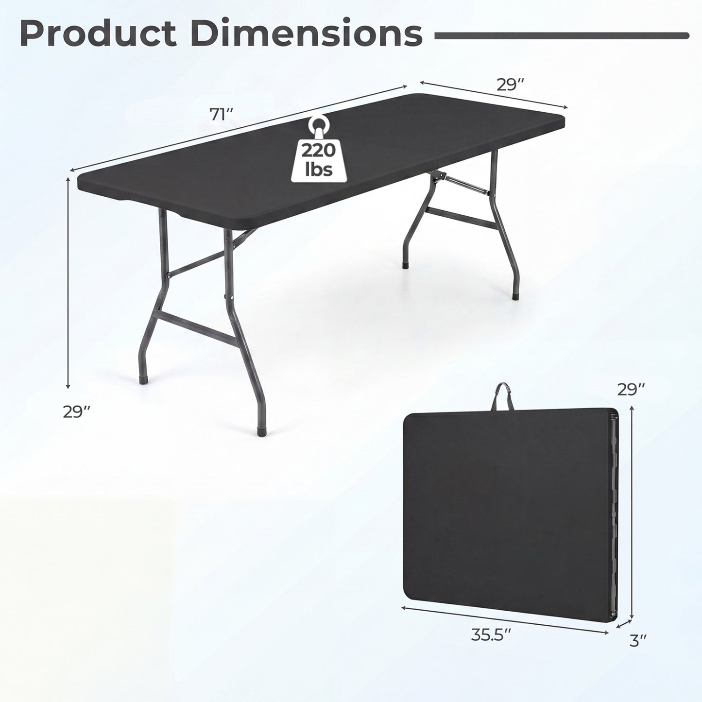 6 FT Plastic Fold-in-Half Camping Table, Black