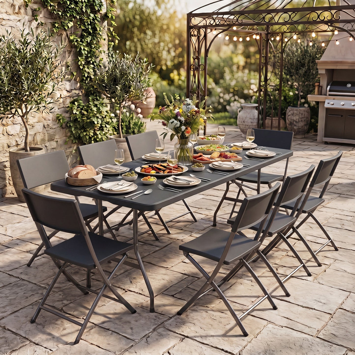 6 FT Plastic Fold-in-Half Camping Table, Black