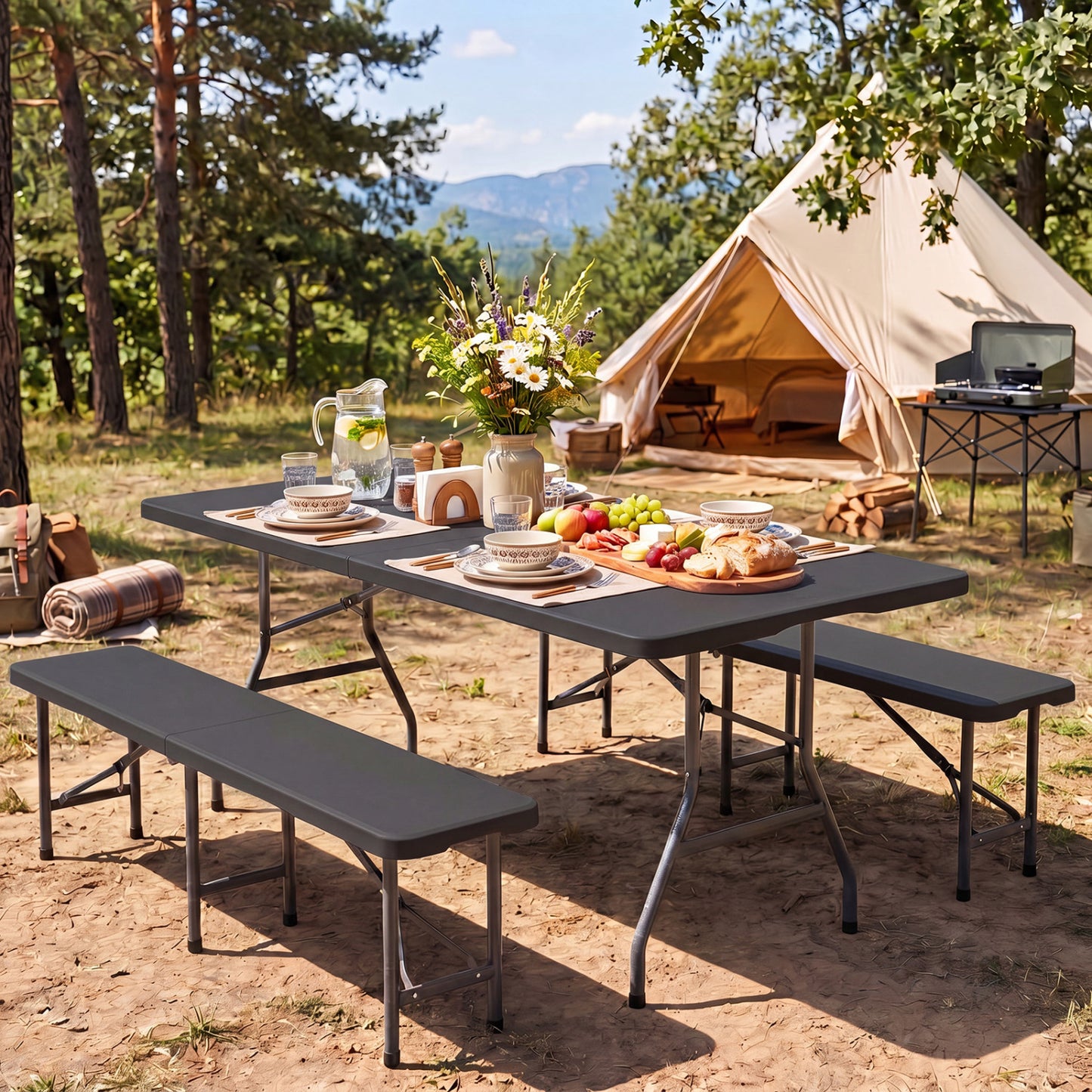 6 FT Plastic Fold-in-Half Camping Table, Black