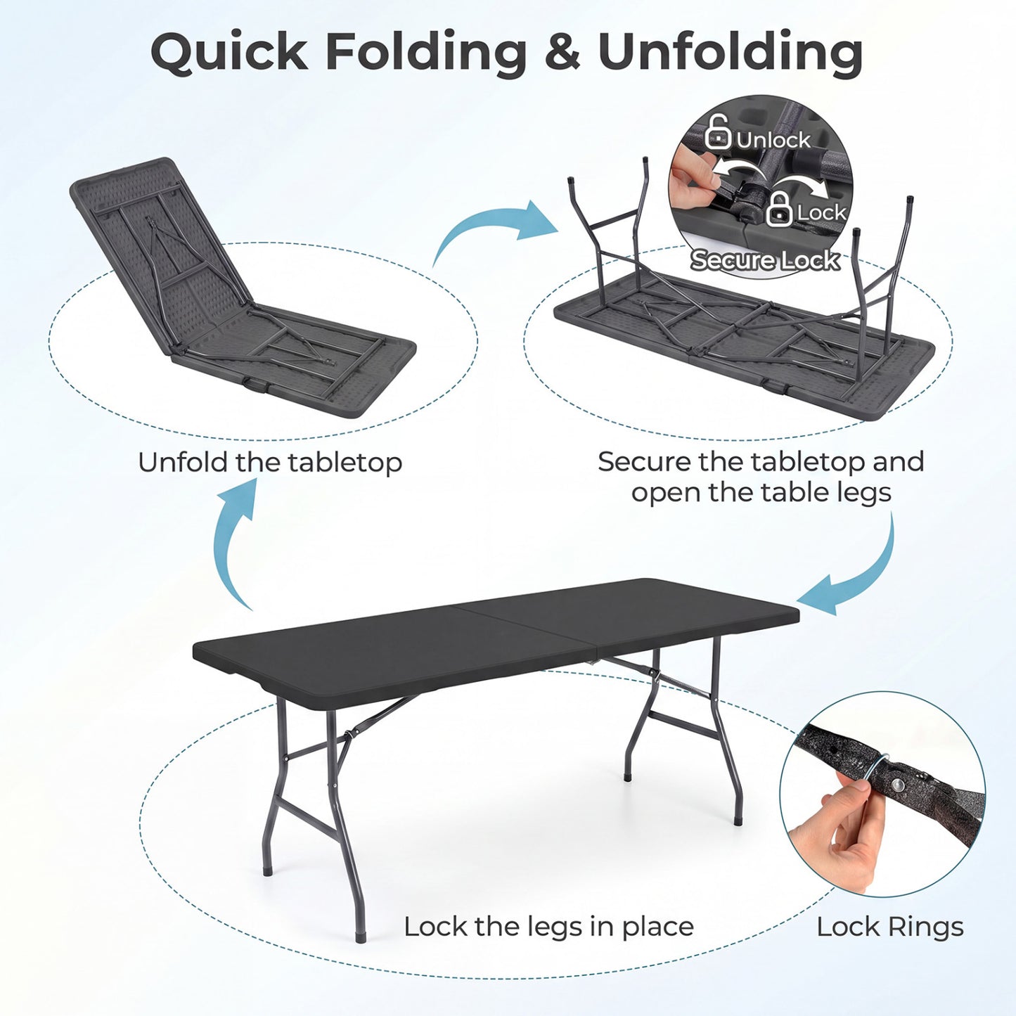 6 FT Plastic Fold-in-Half Camping Table, Black
