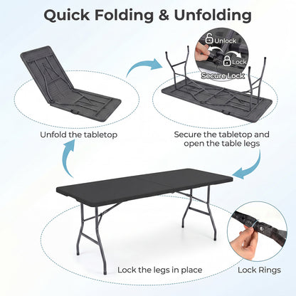 6 FT Plastic Fold-in-Half Camping Table, Black
