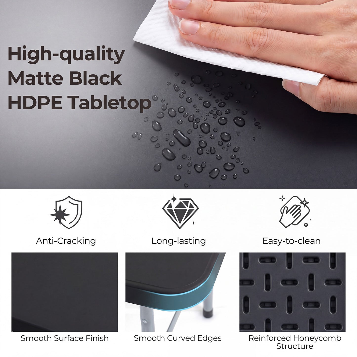 6 FT Plastic Fold-in-Half Camping Table, Black