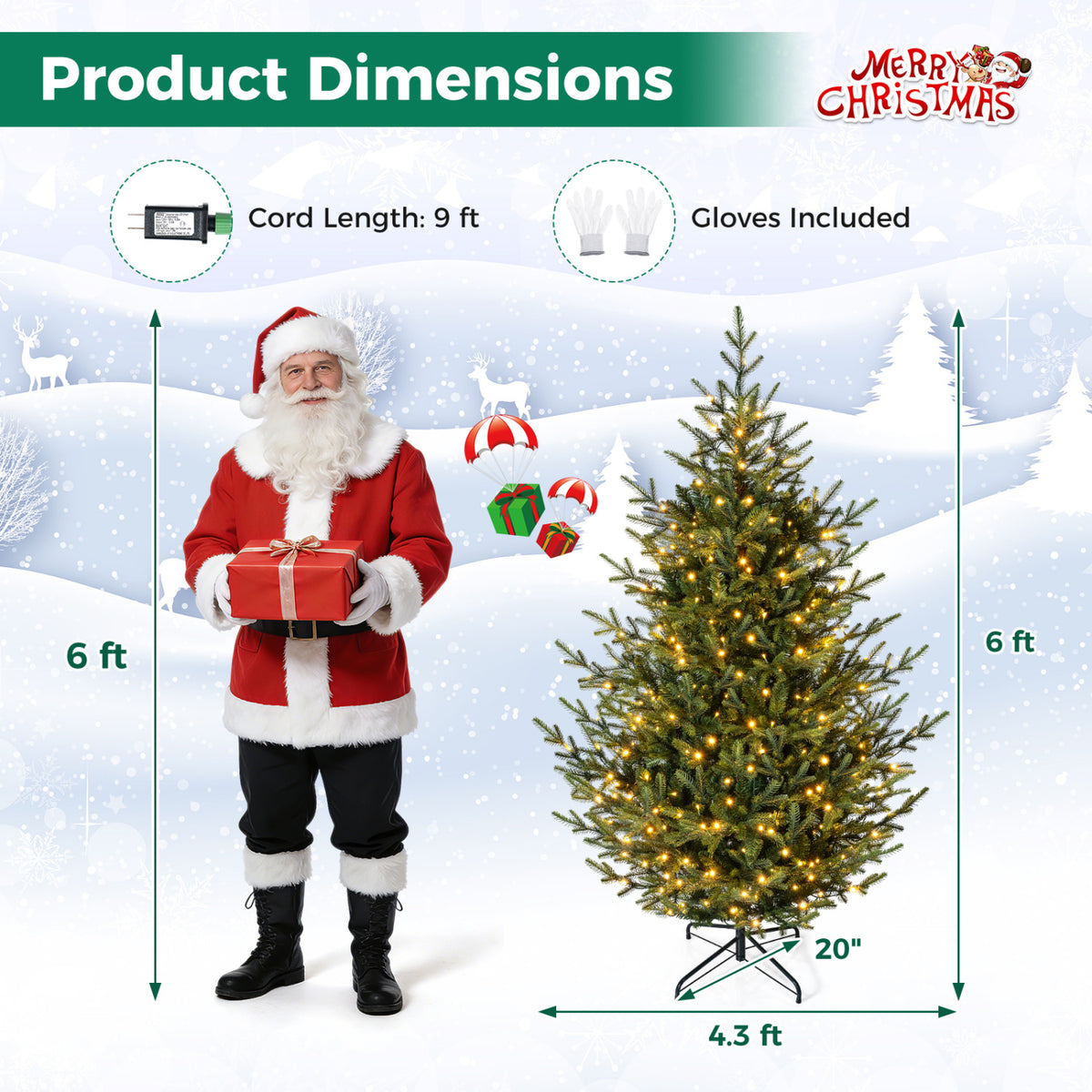 Sapin de Noël artificiel pré-éclairé de 6 pieds, 240 LED blanc chaud, vert