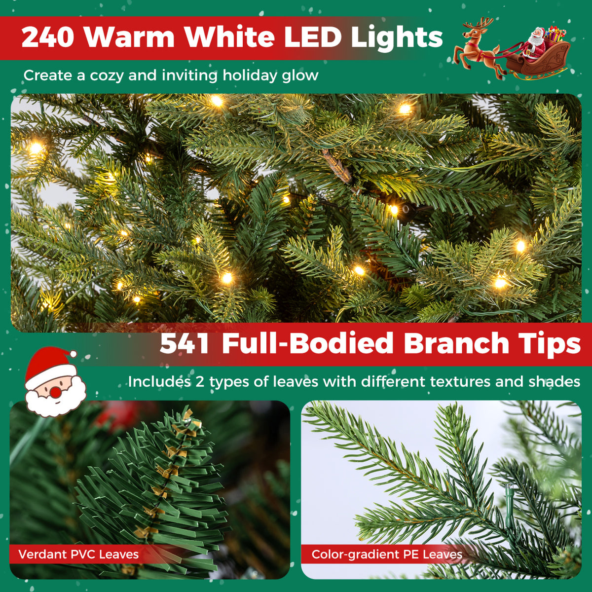 Sapin de Noël artificiel pré-éclairé de 6 pieds, 240 LED blanc chaud, vert