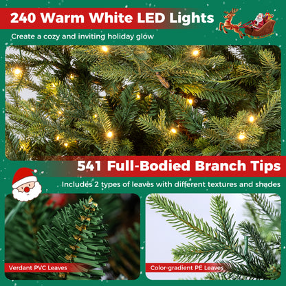 Sapin de Noël artificiel pré-éclairé de 6 pieds, 240 LED blanc chaud, vert