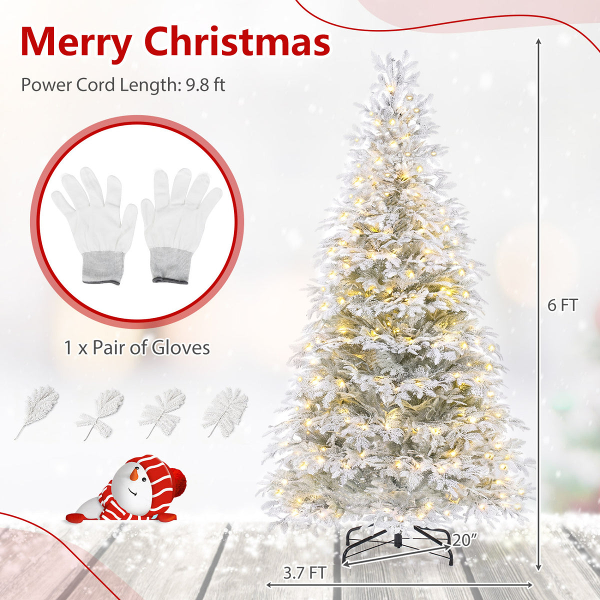 Sapin de Noël artificiel pré-éclairé de 6 pieds, LED blanc chaud multicolore, blanc