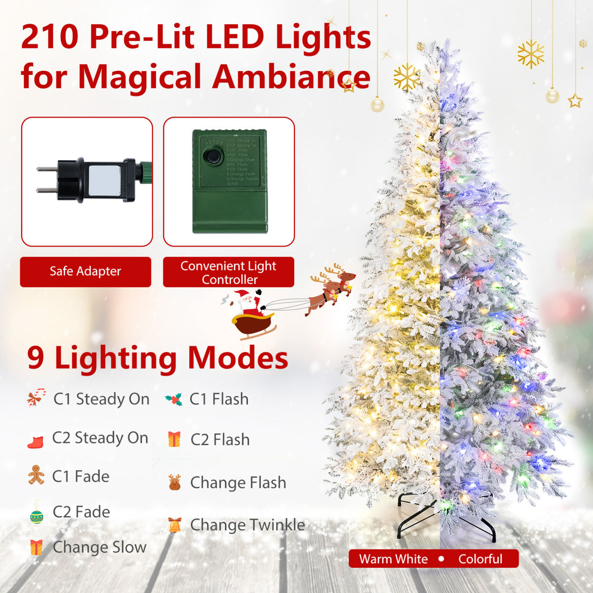 Sapin de Noël artificiel pré-éclairé de 6 pieds, LED blanc chaud multicolore, blanc