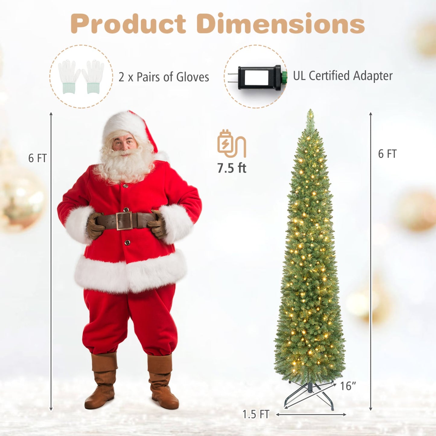 6 FT Pre-Lit Pencil Christmas Tree, 180 Warm White LEDs
