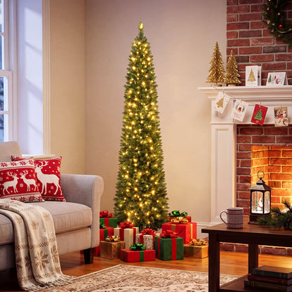 6 FT Pre-Lit Pencil Christmas Tree, 180 Warm White LEDs