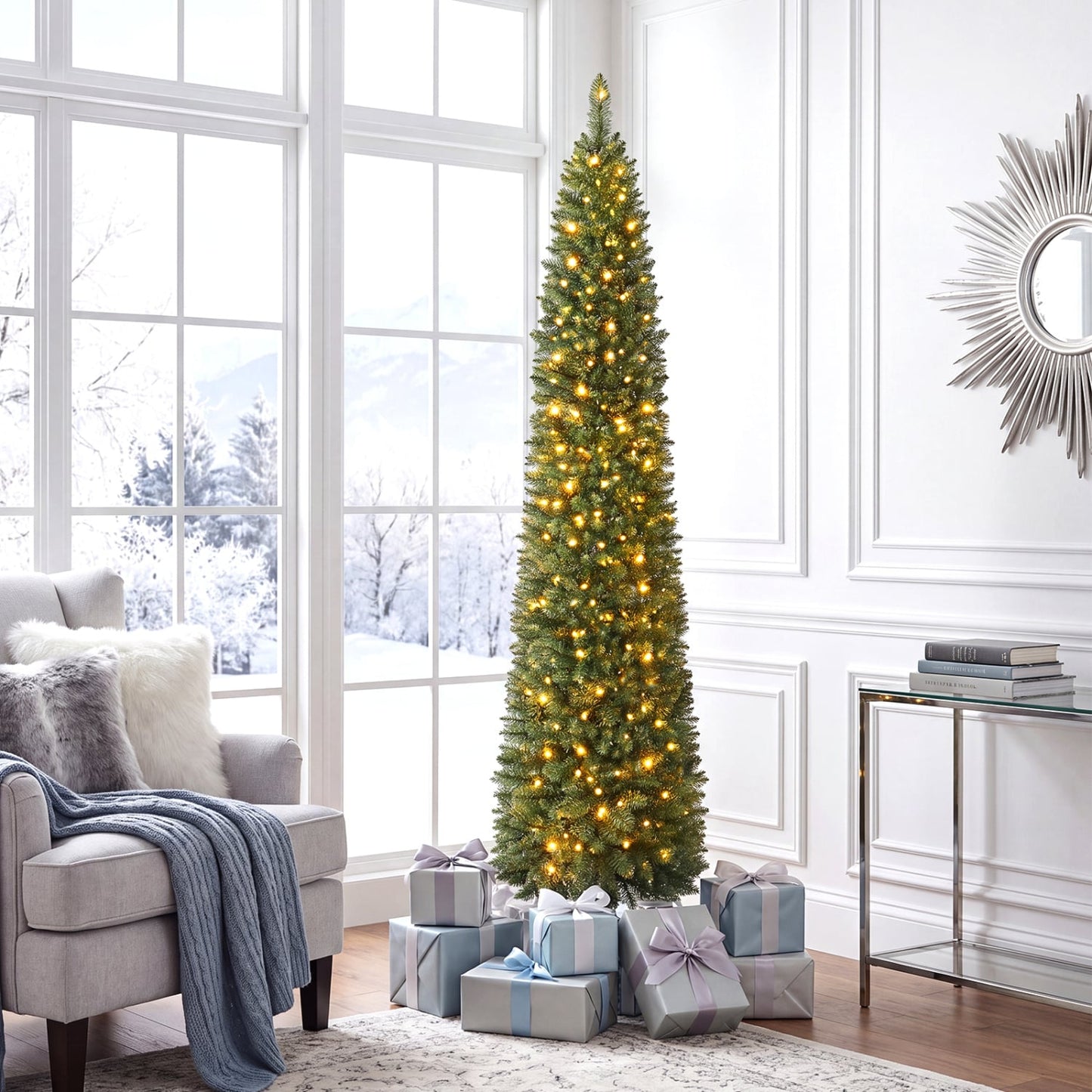 6 FT Pre-Lit Pencil Christmas Tree, 180 Warm White LEDs