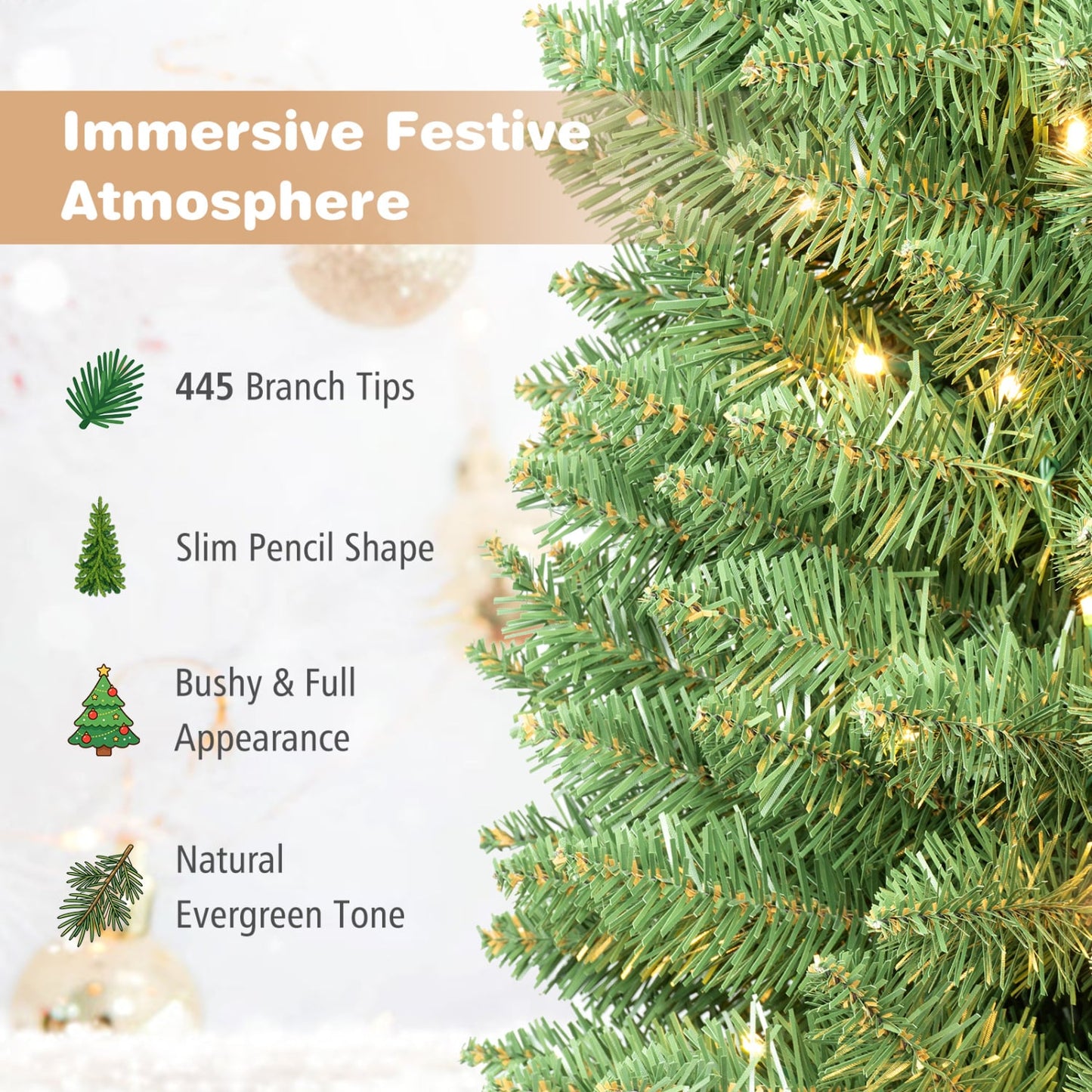 6 FT Pre-Lit Pencil Christmas Tree, 180 Warm White LEDs