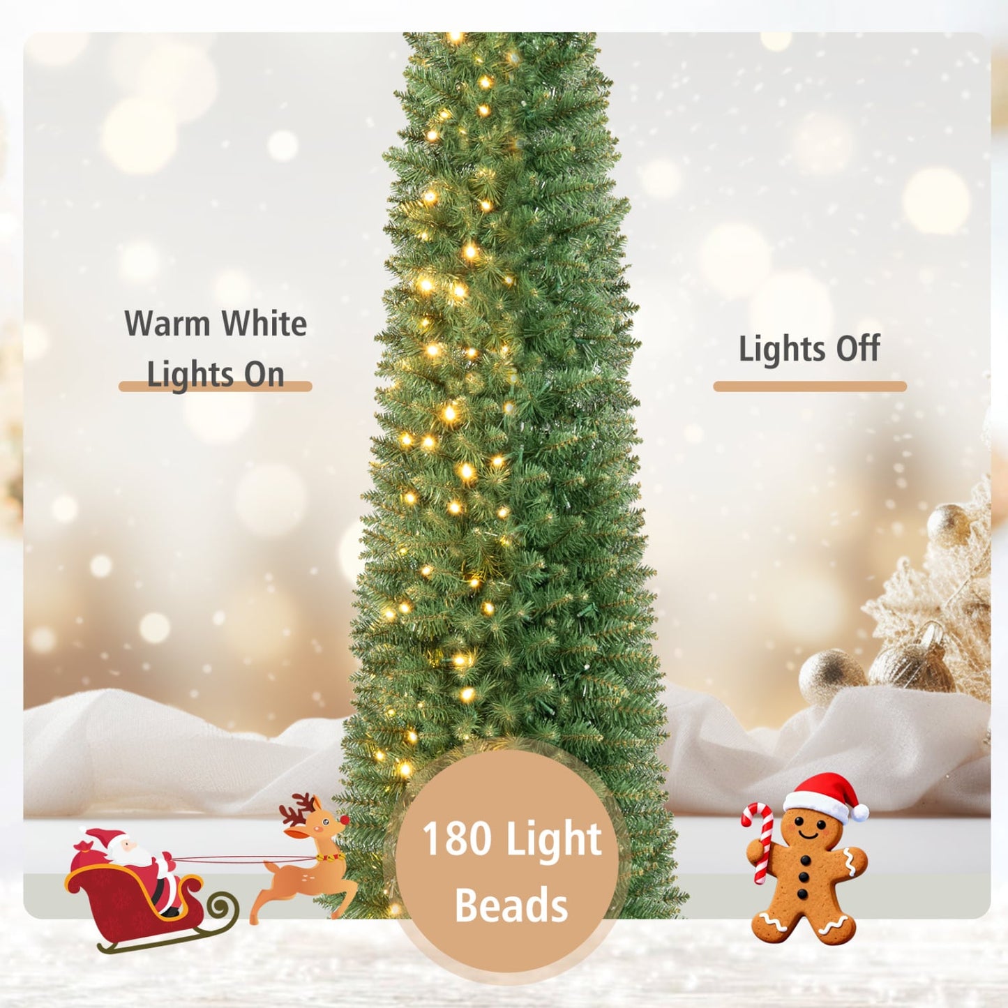 6 FT Pre-Lit Pencil Christmas Tree, 180 Warm White LEDs