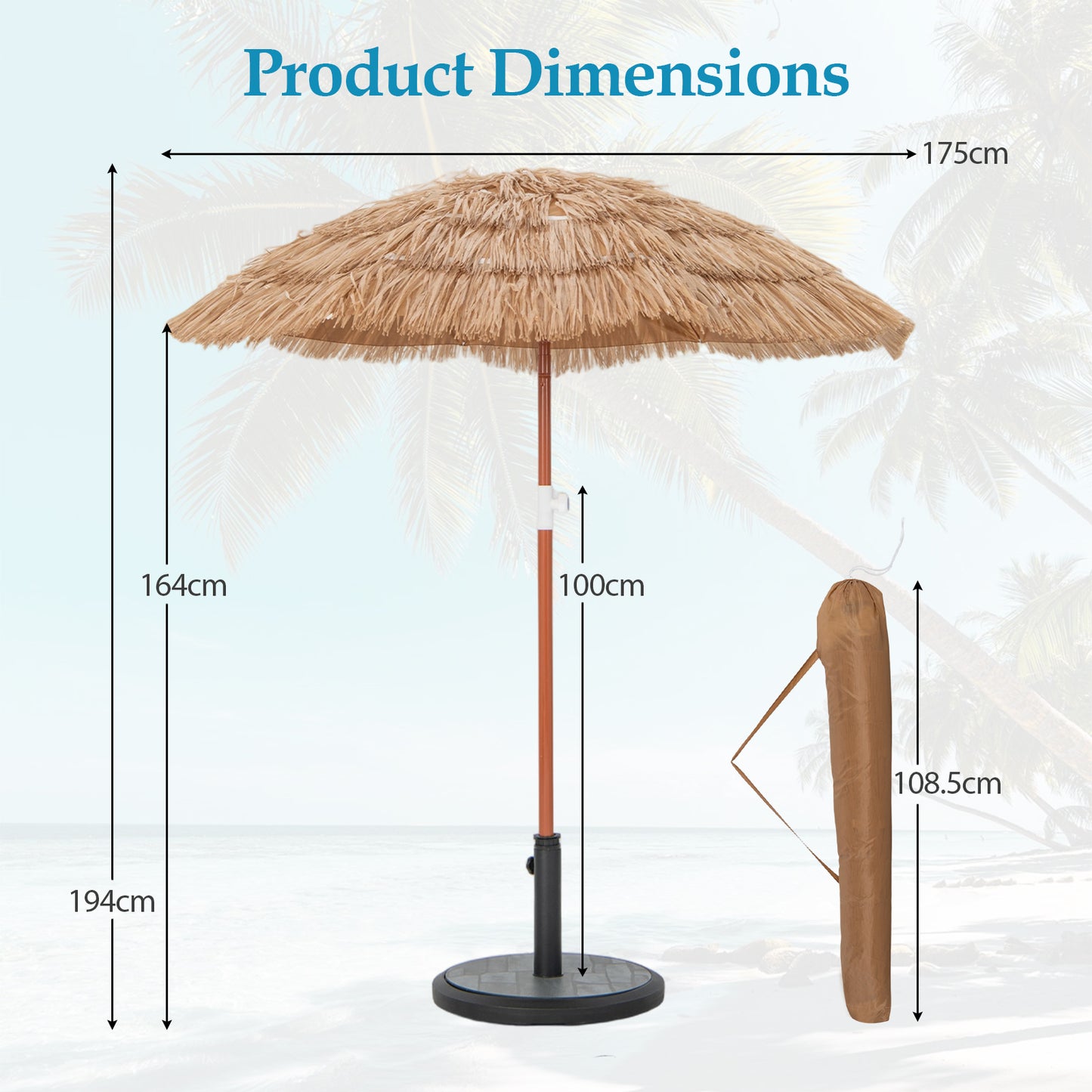6 FT Thatched Beach Umbrella, Push Button Tilt, Carrying Bag, Set of 2, Natural Outdoor Umbrellas at Gallery Canada