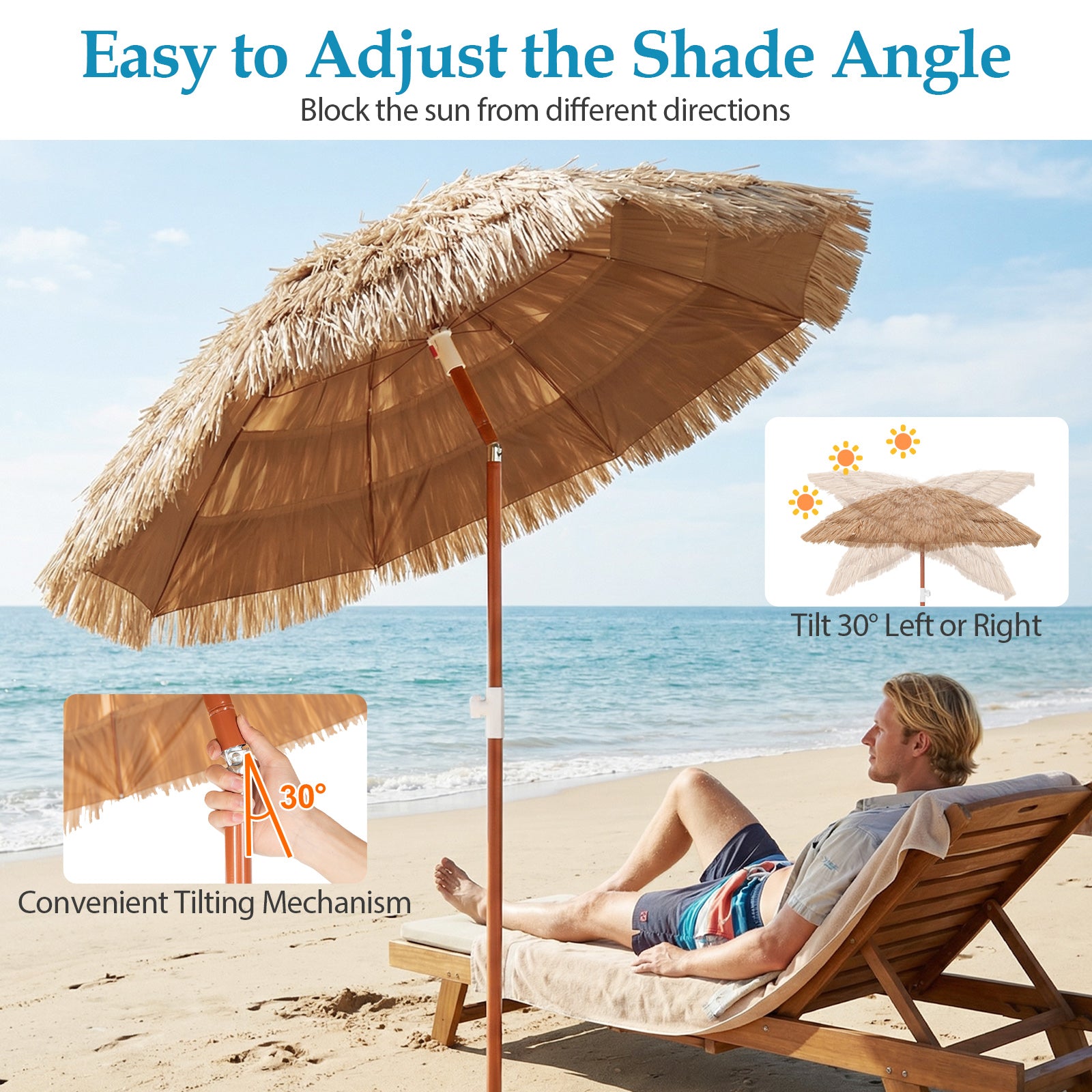 6 FT Thatched Beach Umbrella, Push Button Tilt, Carrying Bag, Set of 2, Natural Outdoor Umbrellas at Gallery Canada